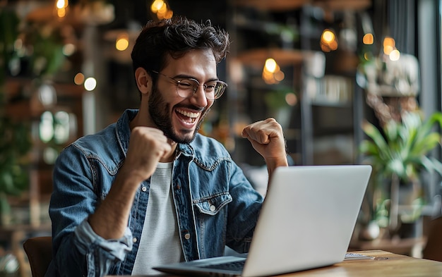 a man with glasses is working on a laptop with his fist in the air