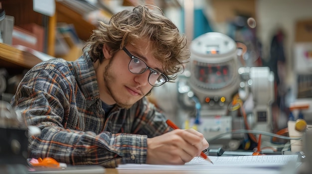 Photo a man with glasses is writing on a paper with a robot on it