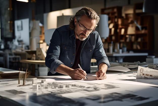 a man with glasses is writing on a table with a map of the city in the background