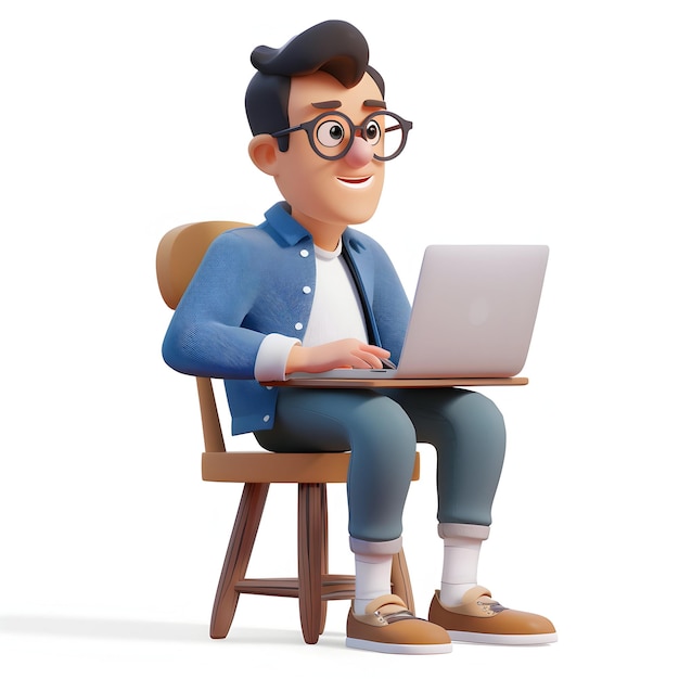 a man with glasses and a laptop sits in a chair