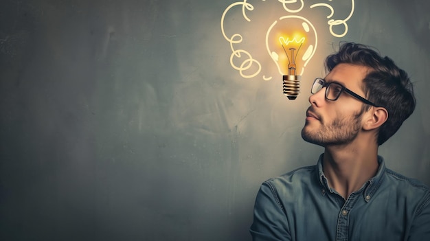 a man with glasses and a light bulb above his head