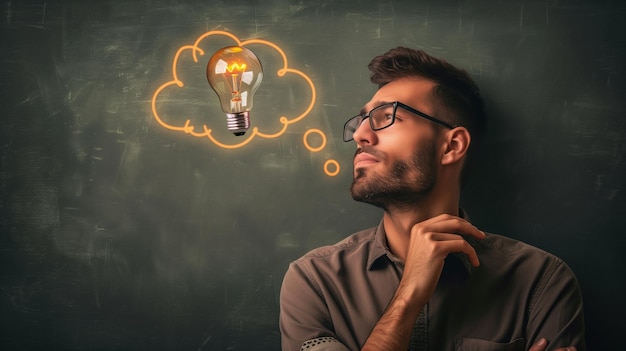 a man with glasses and a light bulb above his head