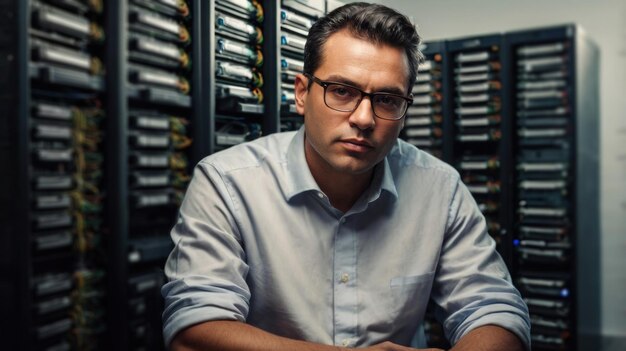 man with glasses looking at camera while sitting in server room