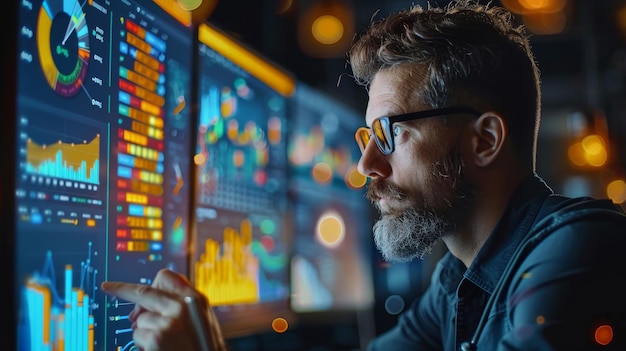 Photo a man with glasses looking at a computer screen with the word graph on it