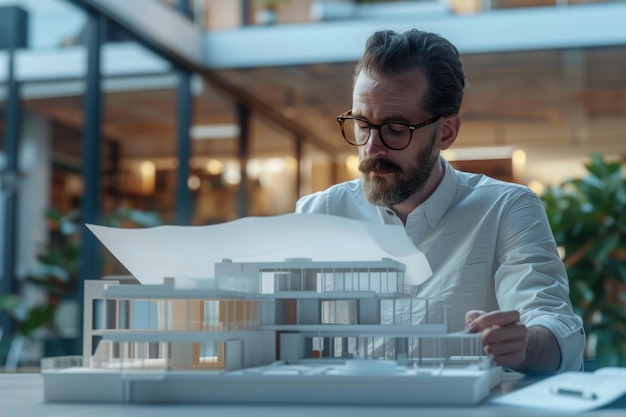 a man with glasses looking at a model of a model house