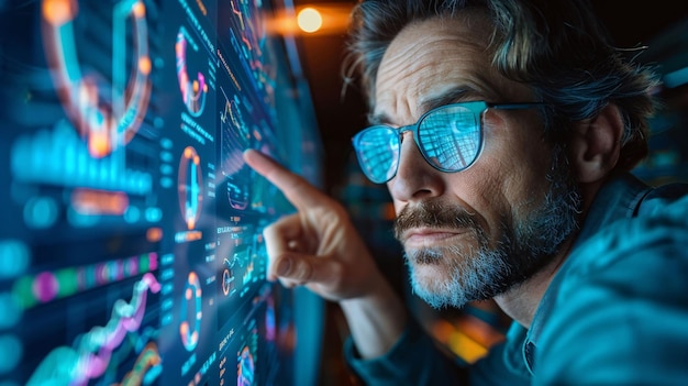 a man with glasses looking at a screen with the word quot d quot on it