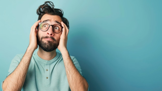 Photo man with glasses looking upward with hands on head against teal background