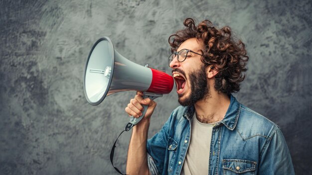 Photo a man with glasses and a megaphone in his hand