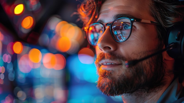 Photo a man with glasses and a microphone in front of a blurry background