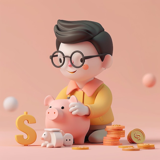 a man with glasses and a piggy bank with a dollar sign on the top