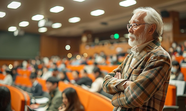 a man with glasses and a plaid shirt stands in front of a crowd of people