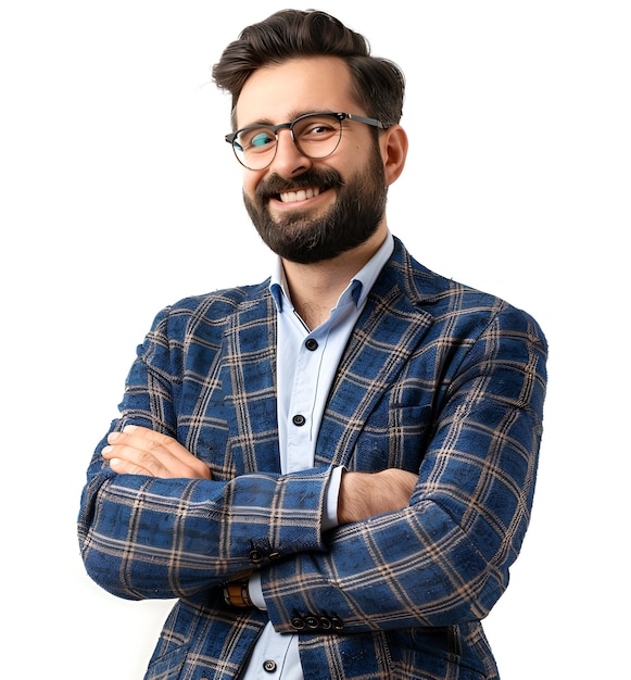 a man with glasses and a plaid shirt with a beard