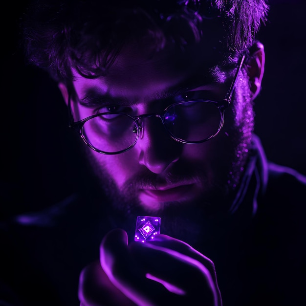 Photo a man with glasses and a purple light in his mouth