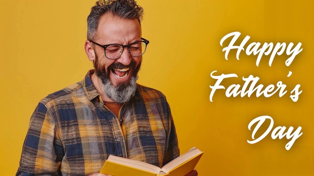 a man with glasses reading good faith on a yellow background with a text happy fathers day