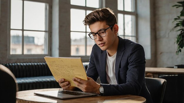 Photo a man with glasses reading a letter in a library