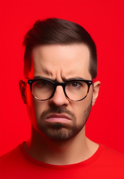 A man with glasses and a red shirt on red background