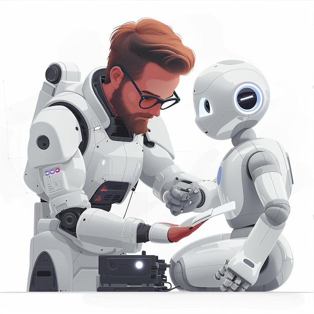 a man with glasses and a robot that says  he is looking at a robot