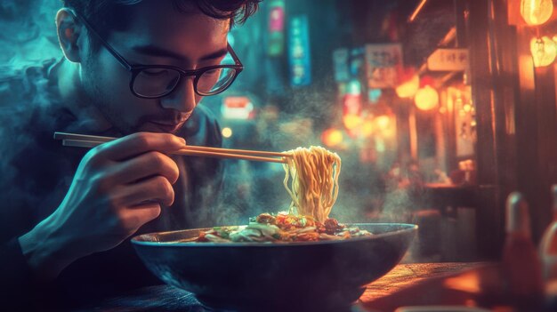 Photo man with glasses savoring a spicy ramen dish surrounded by cozy restaurant lighting