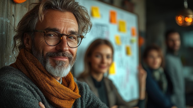 a man with glasses and a scarf on his neck stands in front of a poster that says  do you know