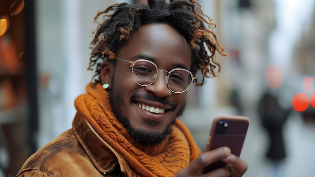 a man with glasses and a scarf is holding a phone