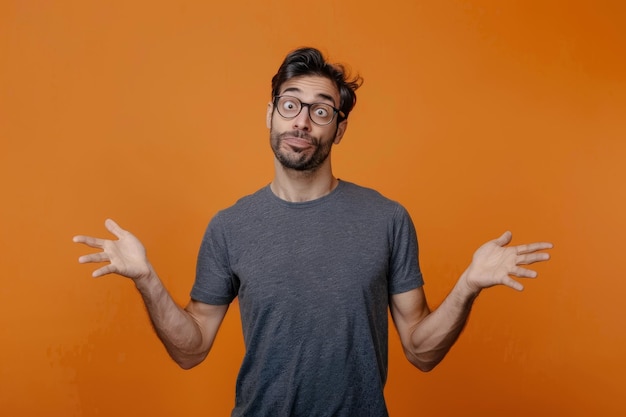 Photo a man with glasses and a shirt that says  hands up  on his chest