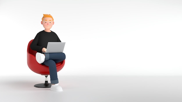 A man with glasses sits on a red chair using his laptop to work and sits facing a smile 3D Scene