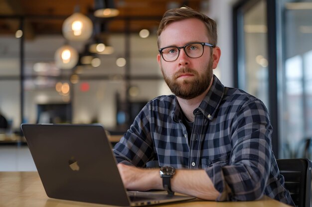 a man with glasses sits at a table with a laptop