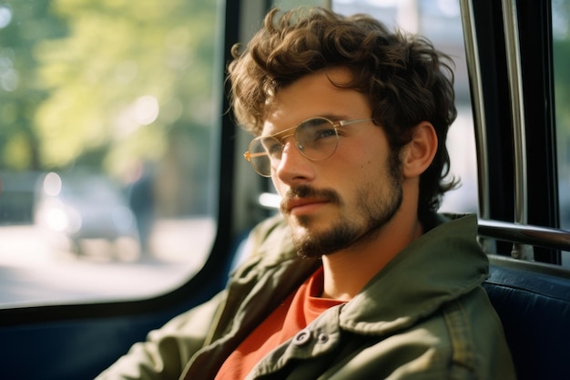 a man with glasses sitting on a bus