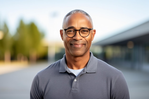 a man with glasses standing in front of a building