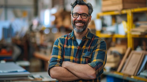 a man with glasses standing in a warehouse with his arms crossed