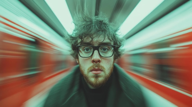 Photo a man with glasses stands still as a train rushes by in a subway station during the day