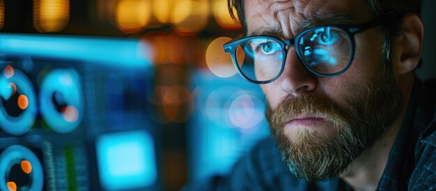 Man With Glasses Studying Computer Screen