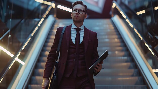 Photo a man with glasses and a suit on an escalator with a book in his hand