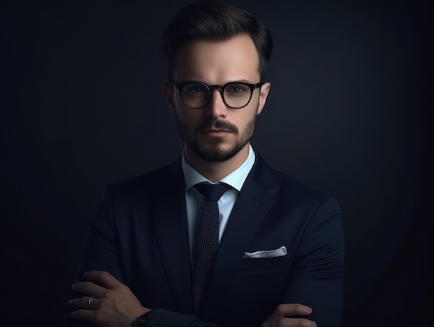 A man with glasses and a suit and tie stands with his arms crossed.