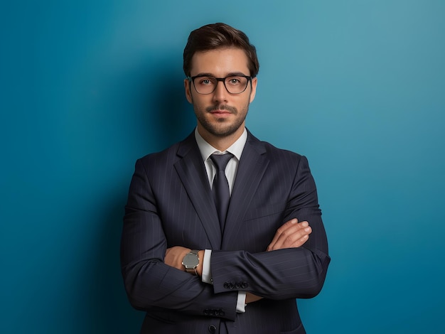 Photo a man with glasses and a suit with a blue background