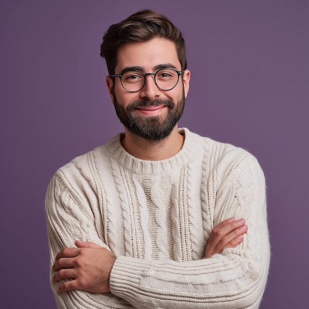 a man with glasses and a sweater that says quot he is smiling quot