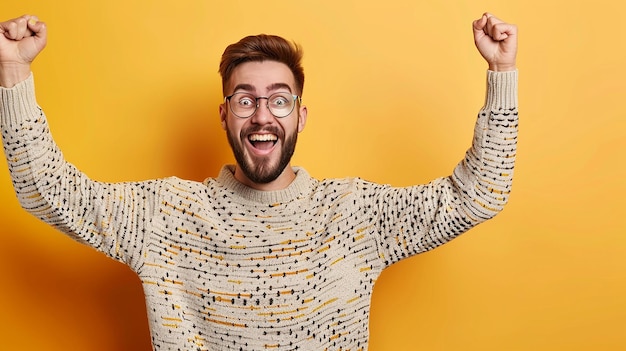 Photo a man with glasses and a sweater on a yellow background