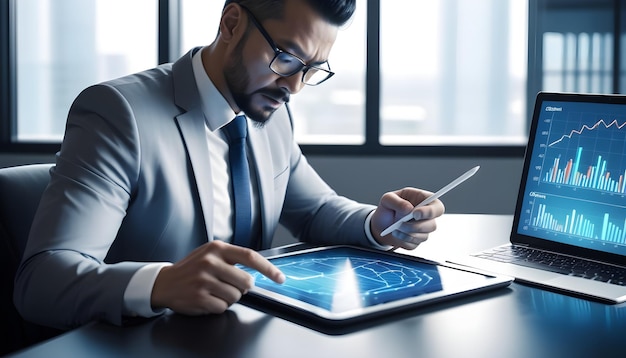 a man with glasses using a tablet with a blue screen