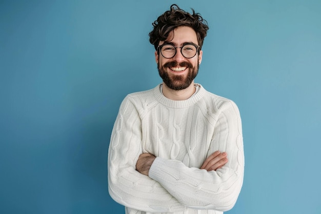 Photo a man with glasses and ware sweater with his arms crossed