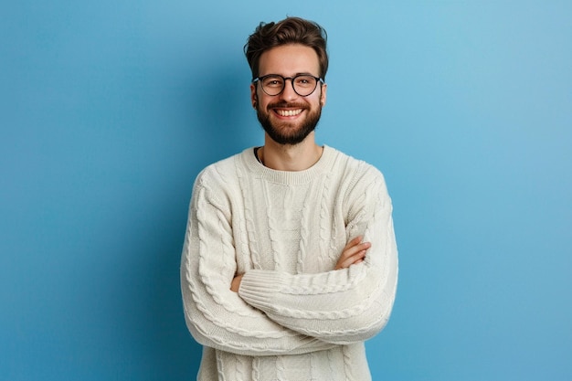 Photo a man with glasses and ware sweater with his arms crossed