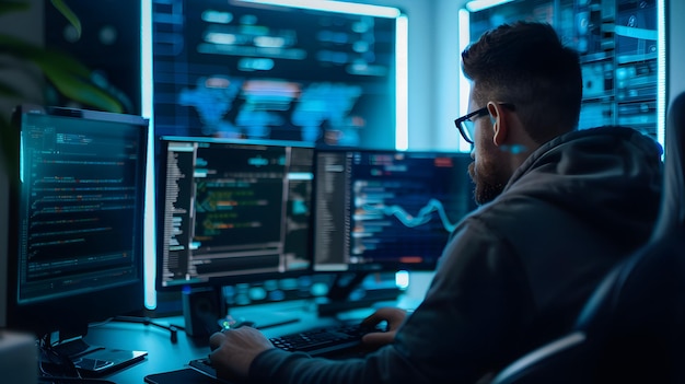 a man with glasses working on a computer with a blue background