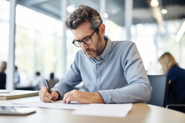 Man with glasses working on desk in office