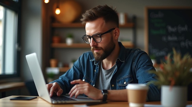 Photo a man with glasses working on a laptop with a coffee cup behind him