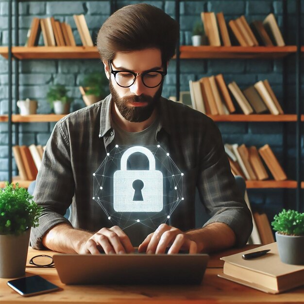 Photo a man with glasses working on a laptop with a lock on his shirt