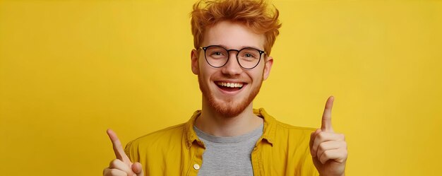 Photo a man with glasses and a yellow shirt smiles in front of a yellow background