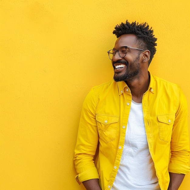 a man with glasses and a yellow shirt that says quot im a big smile quot