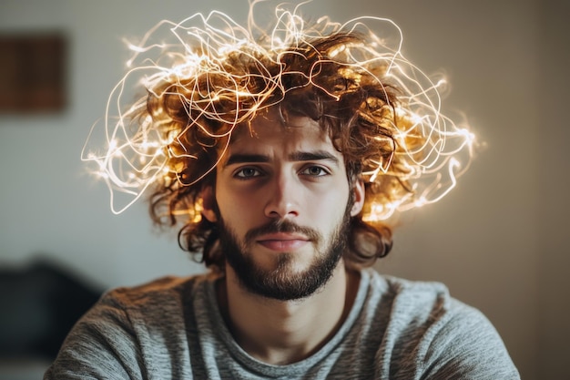 Man with a glowing halo of light around his head representing the brilliance of intellect creativit