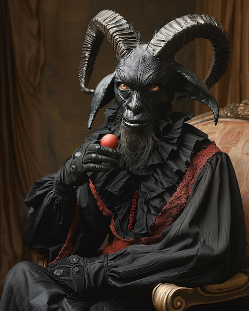 a man with a goat head wearing a costume and holding an apple