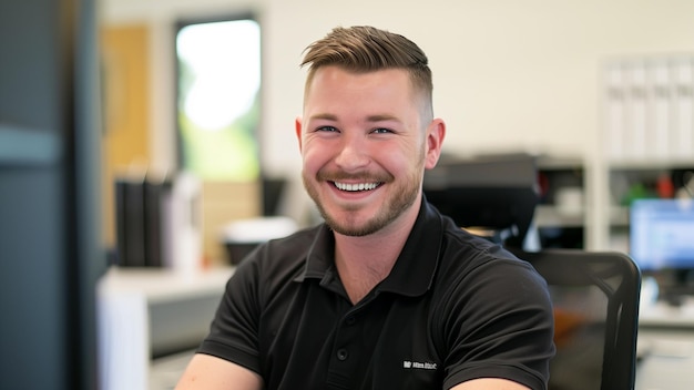 a man with a goatee wearing a black polo shirt