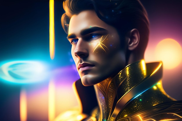 A man with gold and blue eyes and a glowing light on his face